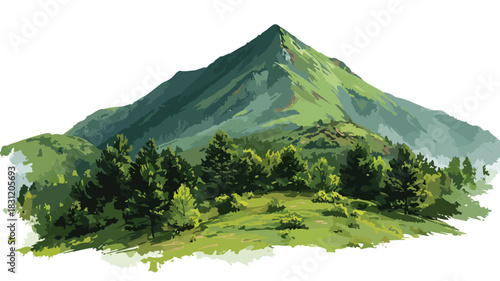 Serene Mountain Painting with Lush Green Background