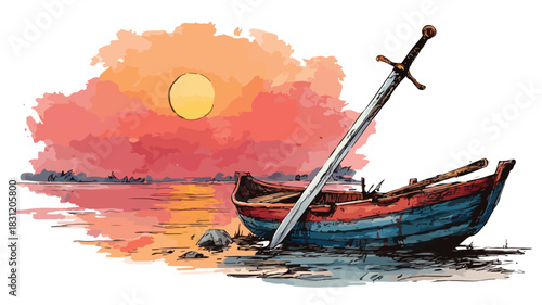 Sword and Boat Painting with Red Yellow Sunset