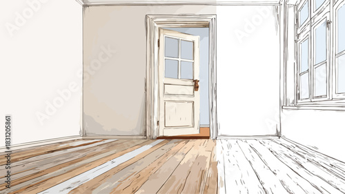 Rustic Wooden Floor and White Door Painting for Interior Design Inspiration