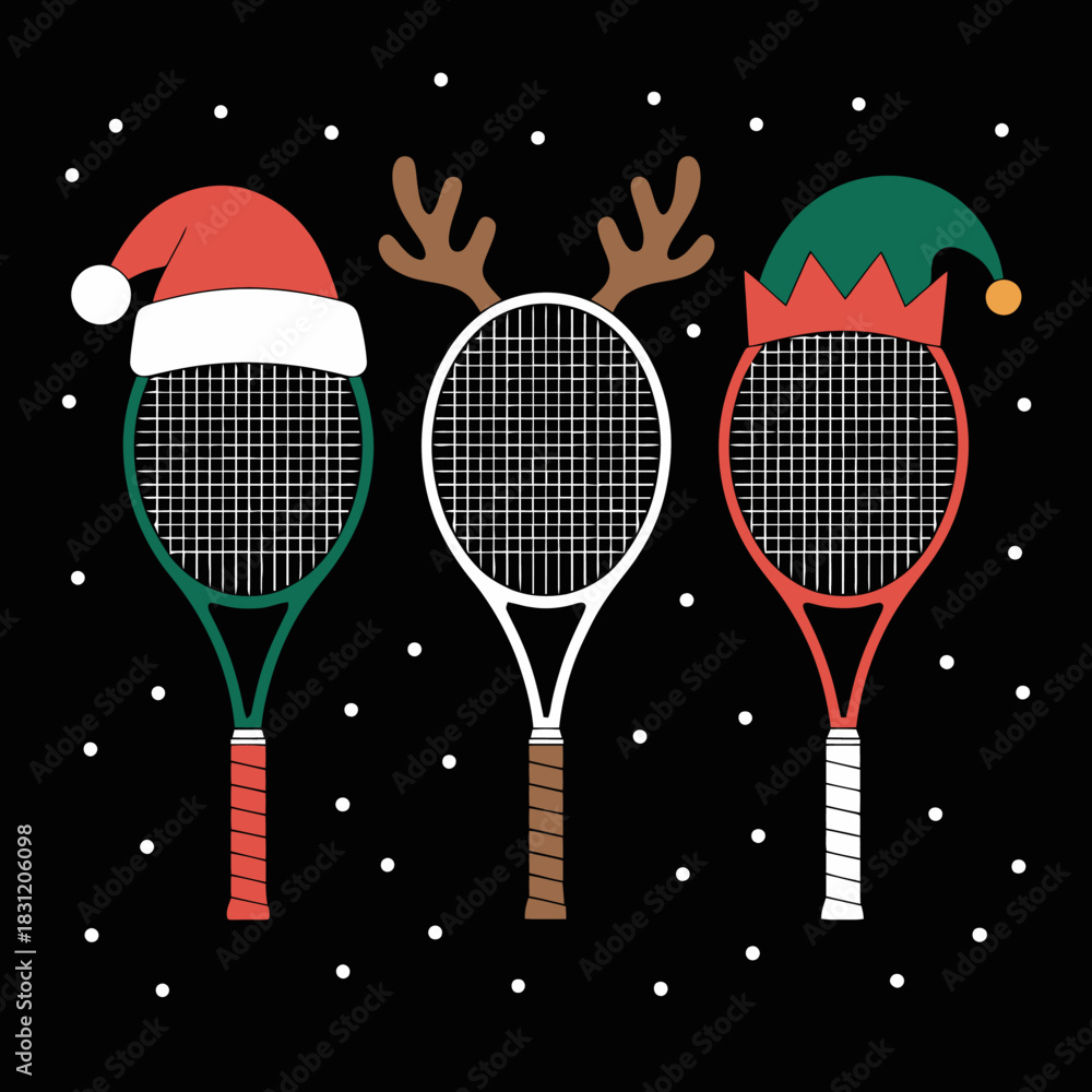 Obraz premium Three tennis rackets are decorated to resemble holiday characters.
