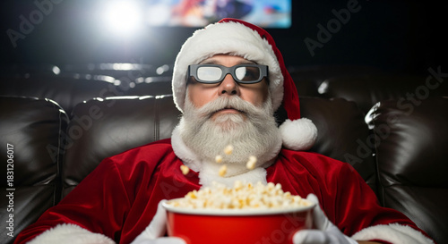 Santa Claus wearing 3D glasses and eating popcorn. Old man enjoying a movie at home during Christmas holiday. Entertaining festive event.