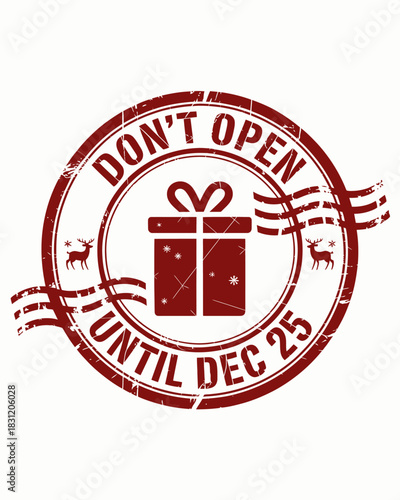 A circular design with the words 'Don't Open Until Dec 25' surrounds an image of a gift box.