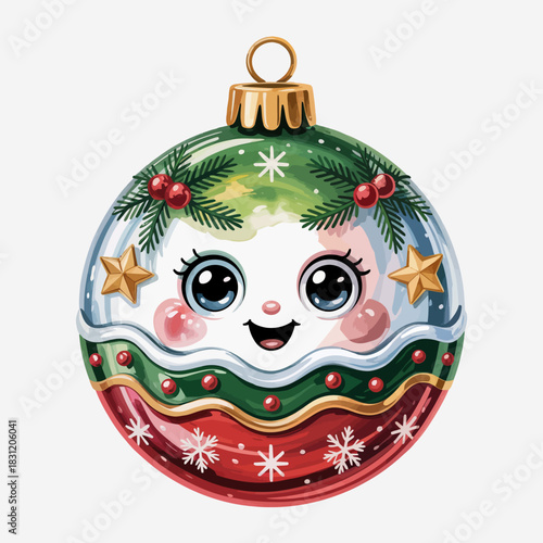 A colorful ornament featuring a cheerful face with big eyes and rosy cheeks. .