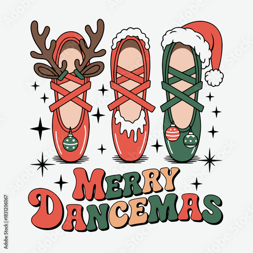 Three ballet slippers are decorated with holiday themes. Each slipper is adorned with elements such as reindeer antlers and ornaments.