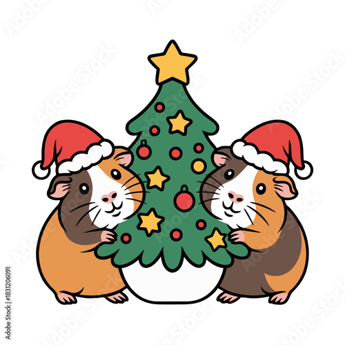 Two cute guinea pigs are wearing Santa hats and are standing beside a decorated Christmas tree.