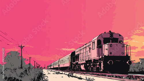Pink Sky Train Passing Vector Isolated