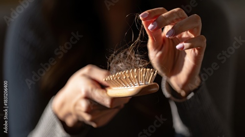 Woman holding strands of fallen hair on wooden brush visual sign of hair shedding, stress-induced hair loss, hormonal imbalance, or seasonal telogen effluvium personal care and health concern 