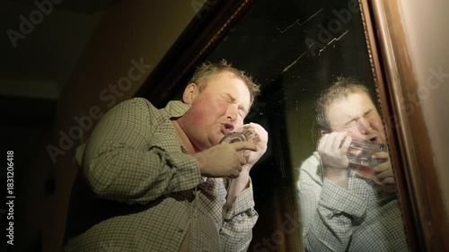 A man can hold the bottle as if it were his most precious being or loved one – carefully, with trepidation.A drunk man in a shirt stands near a mirror with a bottle of vodka in his hands.