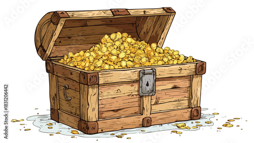 Treasure Chest Trunk Full Gold Coins Vector Illustration