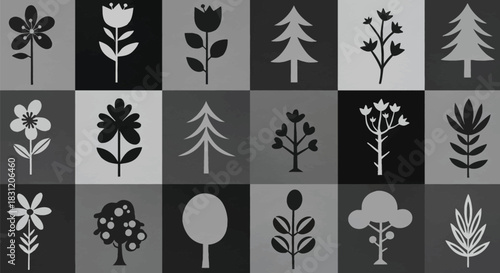 vector Collection of minimalist floral and tree icons simple flat vector design elements isolated on checkered background