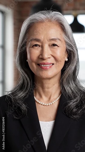 Asian woman, gray hair, pearl necklace, black blazer, portrait view