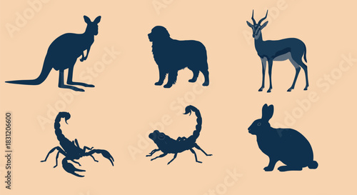 vector Collection of animal silhouettes including kangaroo dog antelope scorpion and rabbit vector illustration isolated on beige background