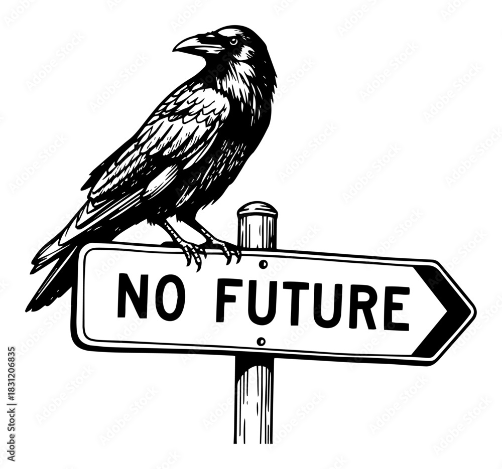 Fototapeta premium Raven sitting on No Future signpost, dark concept vector sketch illustration with text