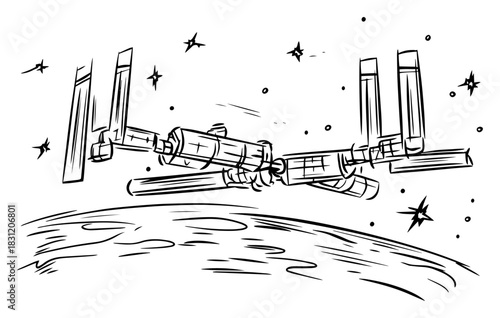 Space station orbiting planet earth, cosmic technology sketch vector illustration, satellite in universe