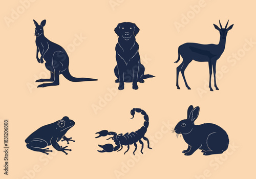 vector Collection of animal silhouette vectors including a kangaroo dog deer frog scorpion and rabbit isolated on a light background