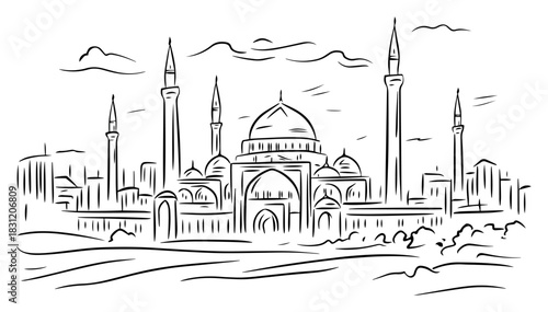 Grand mosque architecture sketch with domes and minarets, islamic religious building vector illustration