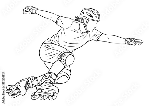 Inline skater in motion wearing helmet and safety gear, active sport vector sketch illustration
