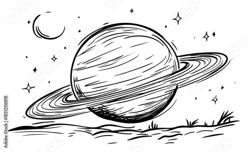 Saturn planet with rings and stars in space, cosmic astronomy sketch vector illustration