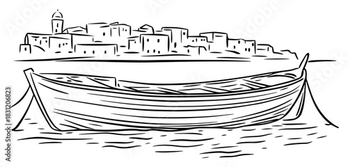 Wooden rowboat on sea with coastal town background, travel landscape vector sketch