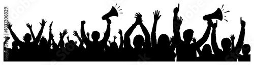 Crowd of people silhouette with megaphones, protest or public demonstration vector illustration