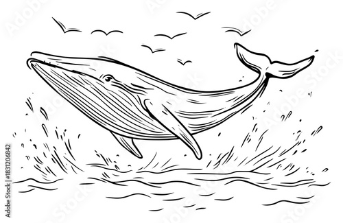 Humpback whale jumping out of ocean water, marine animal vector sketch illustration with splash