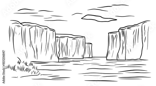 River canyon landscape with steep cliffs, nature scenery vector sketch illustration