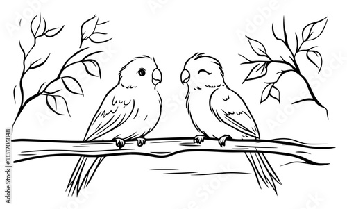 Two cute parrots sitting on tree branch, lovebirds vector sketch illustration for coloring