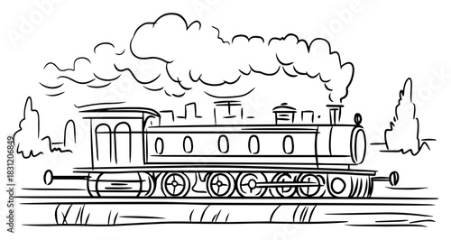 Vintage steam locomotive train moving on tracks, retro transport vector sketch illustration