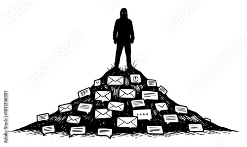 Silhouette man standing on huge pile of mail envelopes and speech bubbles, spam or communication overload vector illustration