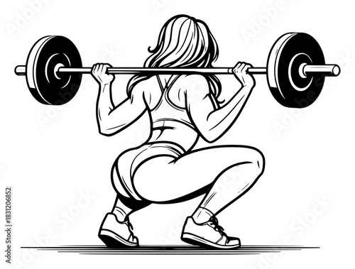 Fitness woman doing barbell squats, gym workout sketch vector illustration, female bodybuilder training leg muscles
