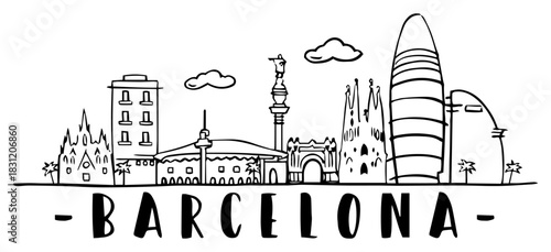 Barcelona city skyline doodle sketch, famous landmarks of Spain vector illustration with text