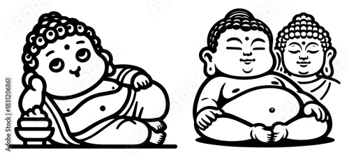 Cute little Buddha characters set, funny meditation monks vector sketch illustration, zen and religion concept