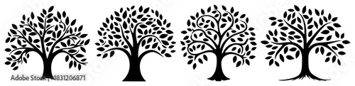 Stylized tree icons set with round shape foliage, nature and ecology logo vector symbols