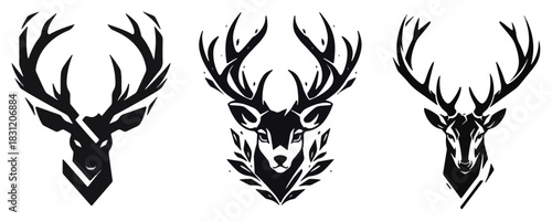 Deer stag head logo mascot collection, wild animal antlers silhouette vector illustration set