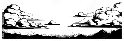 Wide sky landscape with dramatic cumulus clouds, horizon nature background vector illustration