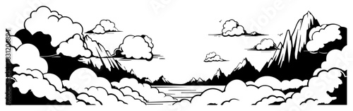 Mountain landscape panorama with fluffy clouds, nature scenery header vector illustration