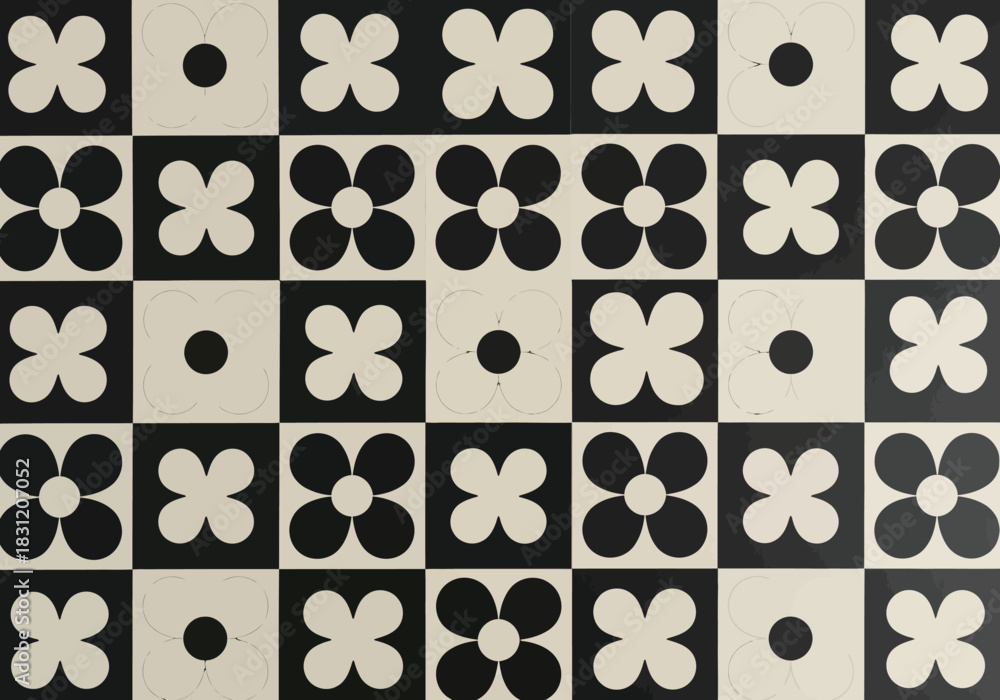 Fototapeta premium vector Black and white floral pattern abstract geometric design with flowers and dots decorative background for textile and wallpaper