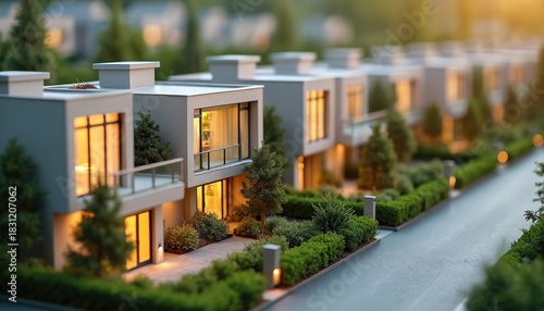 Fototapeta Naklejka Na Ścianę i Meble -  Miniature model row houses with modern design in daylight. Residential neighborhood with landscaping elements. Small homes with illuminated windows perfect for presentation real estate concepts.