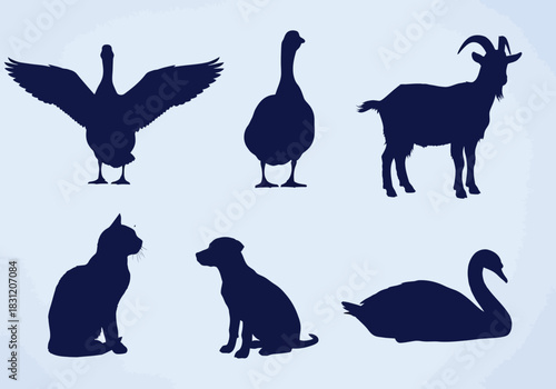 vector Collection of animal silhouettes including a goose swan goat cat and dog vector illustration isolated on white background