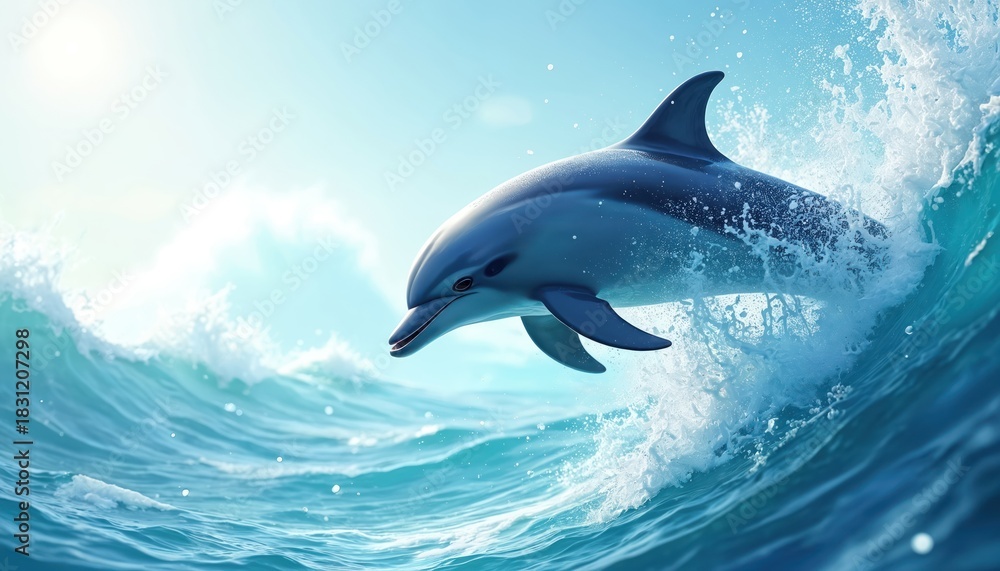 Fototapeta premium Happy dolphin jumps high from blue ocean waves. Marine animal makes big splash in clear sea water. Sun shines bright on playful mammal, showing its graceful movement and energy in wild ocean.