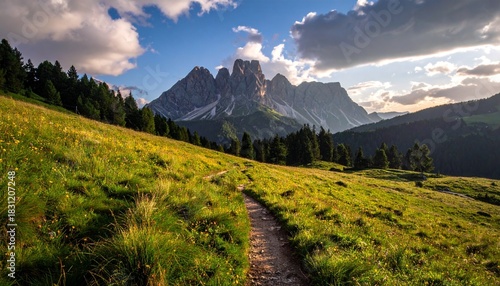 Fototapeta Naklejka Na Ścianę i Meble -  Mountain trail through meadow with cloudy sky.