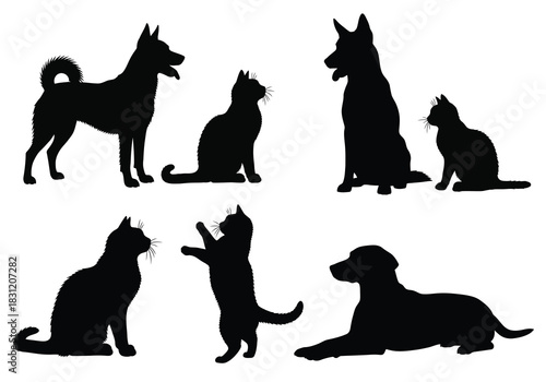 vector Silhouette set of dogs and cats vector illustration of pet animals in various poses isolated on white background
