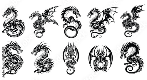 vector Set of dragon illustrations mythical creature tattoo designs vector art for fantasy and heraldry projects