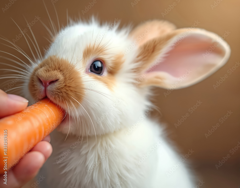Obraz premium Cute little white rabbit with brown patches eagerly eats fresh orange carrot. Human hand gently feeds fluffy pet bunny inside warm home. Young animal happily enjoys healthy vegetable snack, showing