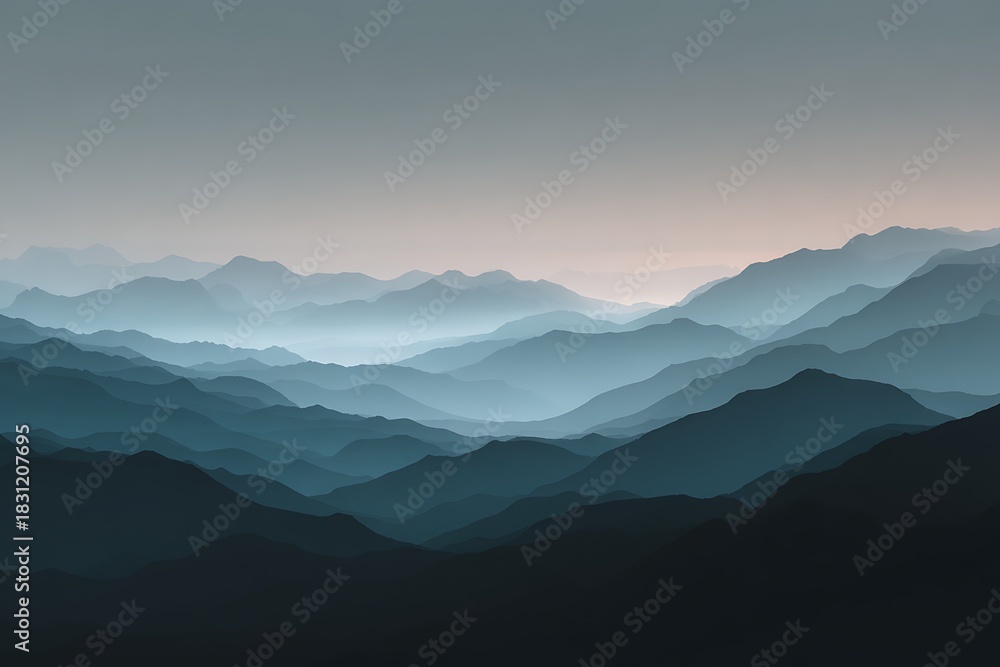 Obraz premium A serene and minimalist layered landscape illustration depicting majestic mountains fading into an ethereal, gradient sky.