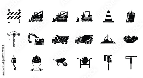 vector Construction equipment icon set vector illustration of construction machinery and tools isolated on white background