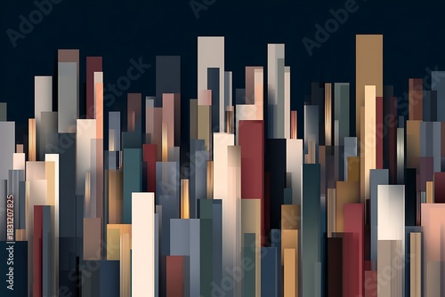 Panel kuchenny z motywem An abstract geometric cityscape with layered rectangular shapes in warm and cool muted tones against a dark background.