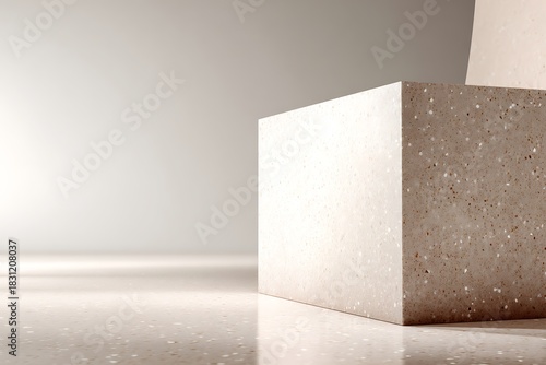 A minimalist and modern studio background featuring a beige terrazzo cube on a matching floor, ideal for product display.