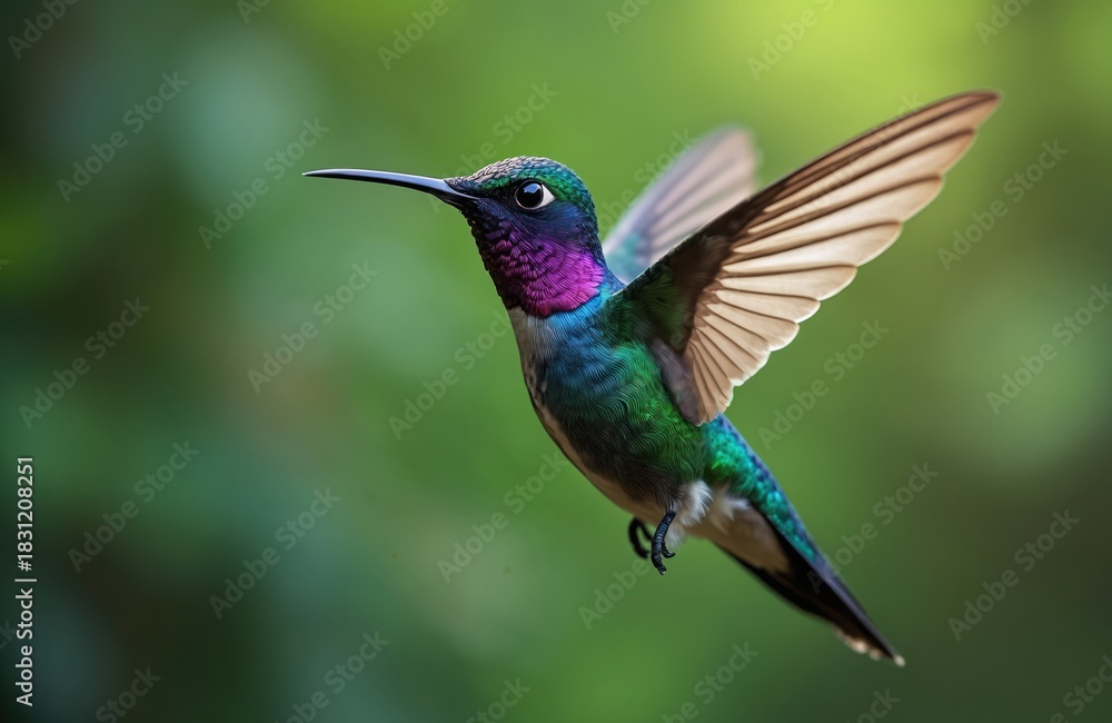 Obraz premium Colorful hummingbird hovers in air, wings beating fast. Bird boasts iridescent green, purple, blue feathers, truly vibrant. Flies within rich tropical forest, soft green bokeh background. Vivid