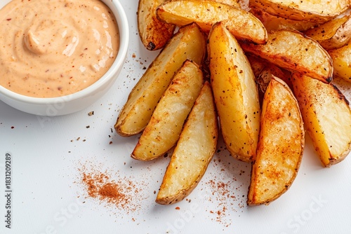 Thick cut fried potato wedges served with creamy dipping sauce on a rustic wooden surface, showcasing a minimalist food composition with vibrant colors and textures